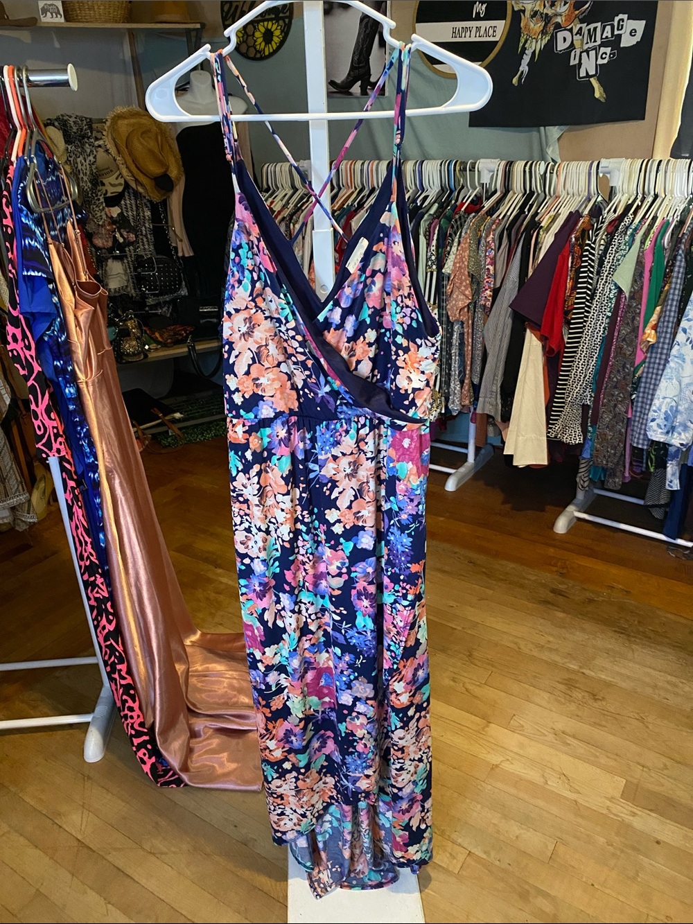1.4.3. Story by Line Up Navy high-low Maxi Dress with Pink, Peach & Teal Floral